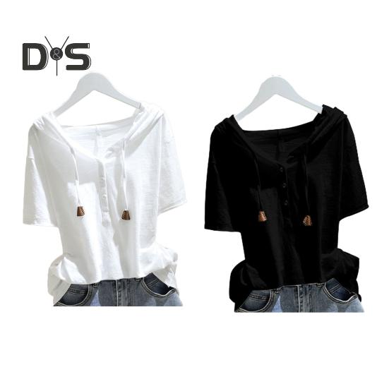 Women Hoodie Short Sleeves Hooded Drawstring Solid Color Loose Soft Casual Pullover Breathable Ladt Summer Top