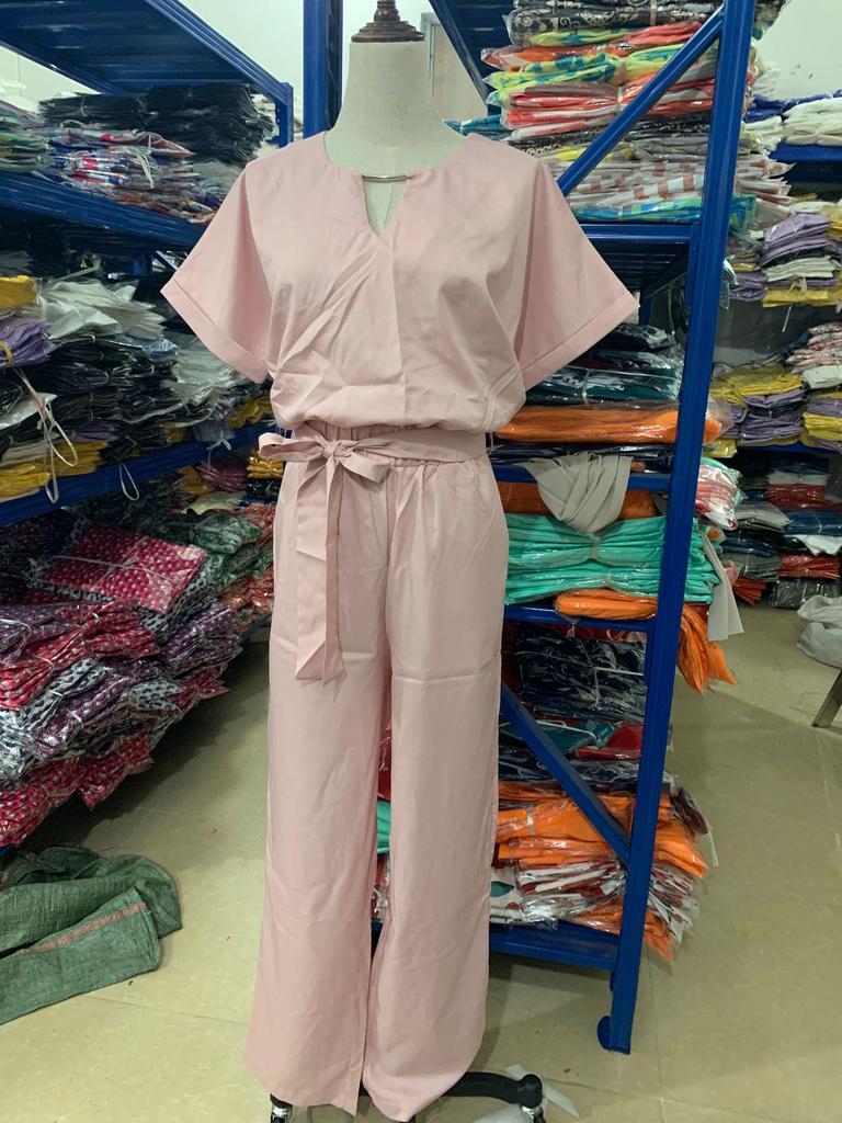 INS Summer V-neck Short Sleeve Elastic Waist Jumpsuit with Patch Pockets for Women