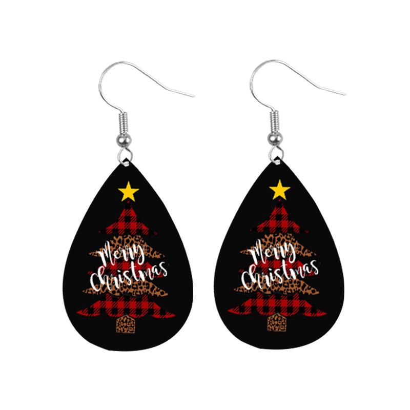 European & American Red Plaid Star Christmas Tree Leather Earrings for Women