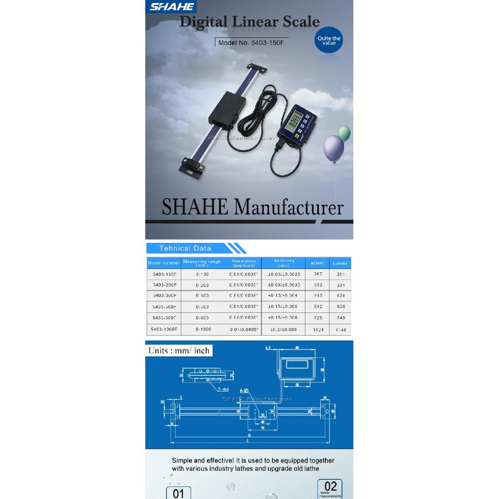 Shahe 0-150mm/0-200mm/0-300mm 0.01 mm DRO Magnetická dálková digitální odečítací jednotka Digitální lineární měřítko Externí displej