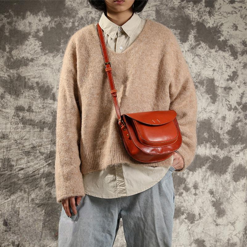 Johnature Simple Genuine Leather Women Bag Handmade Vintage Shoulder Bags Solid Color Natural Cowhide Messenger Bag