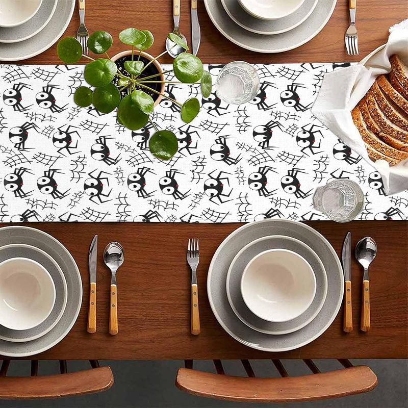 1pc White Black Halloween Table Runner with Cute Spiders Waterproof Durable Tablecloth for Halloween Themed Party Decoration