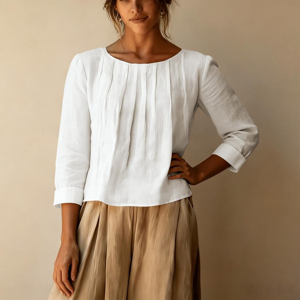 Damen Freizeit Bluse Lockere Passform Rundhals Faltenfront Hemd Dreiviertel Ärmel Leichtes Oberteil für den Alltag