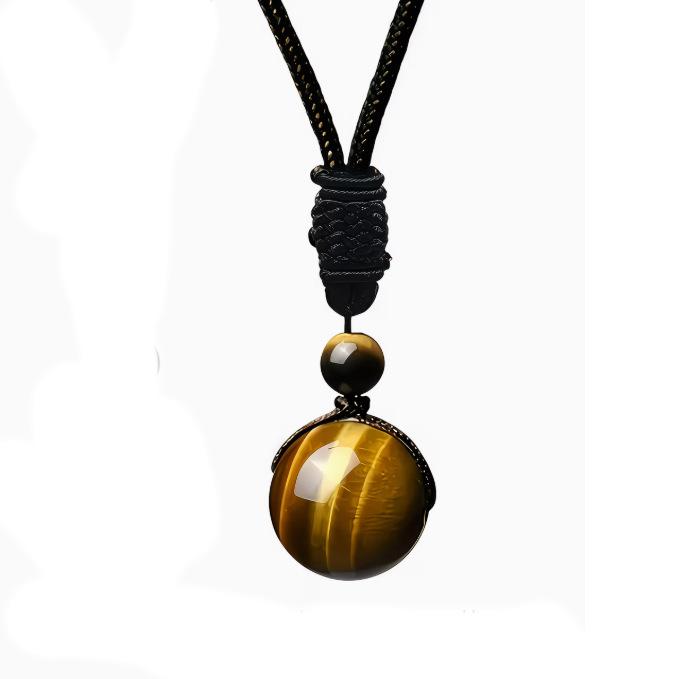 Natural Crystal Ball Pendant Necklace Tiger Eye Obsidian Amethyst Round Bead Necklaces for Women Men