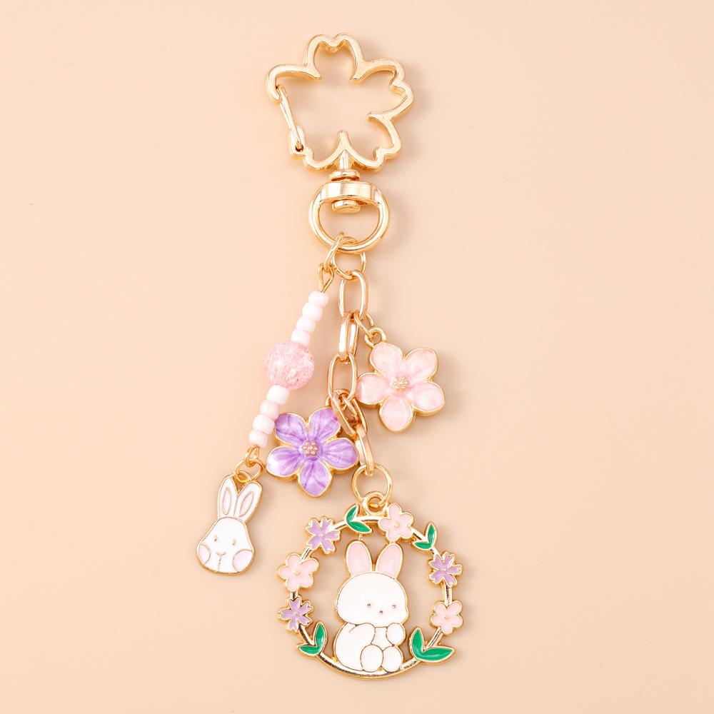 Cute Enamel Flower Butterfly Keychain Women Girls Beads Pearl Key Ring Pendants for Handbag Decor DIY Handmade Jewelry Gifts