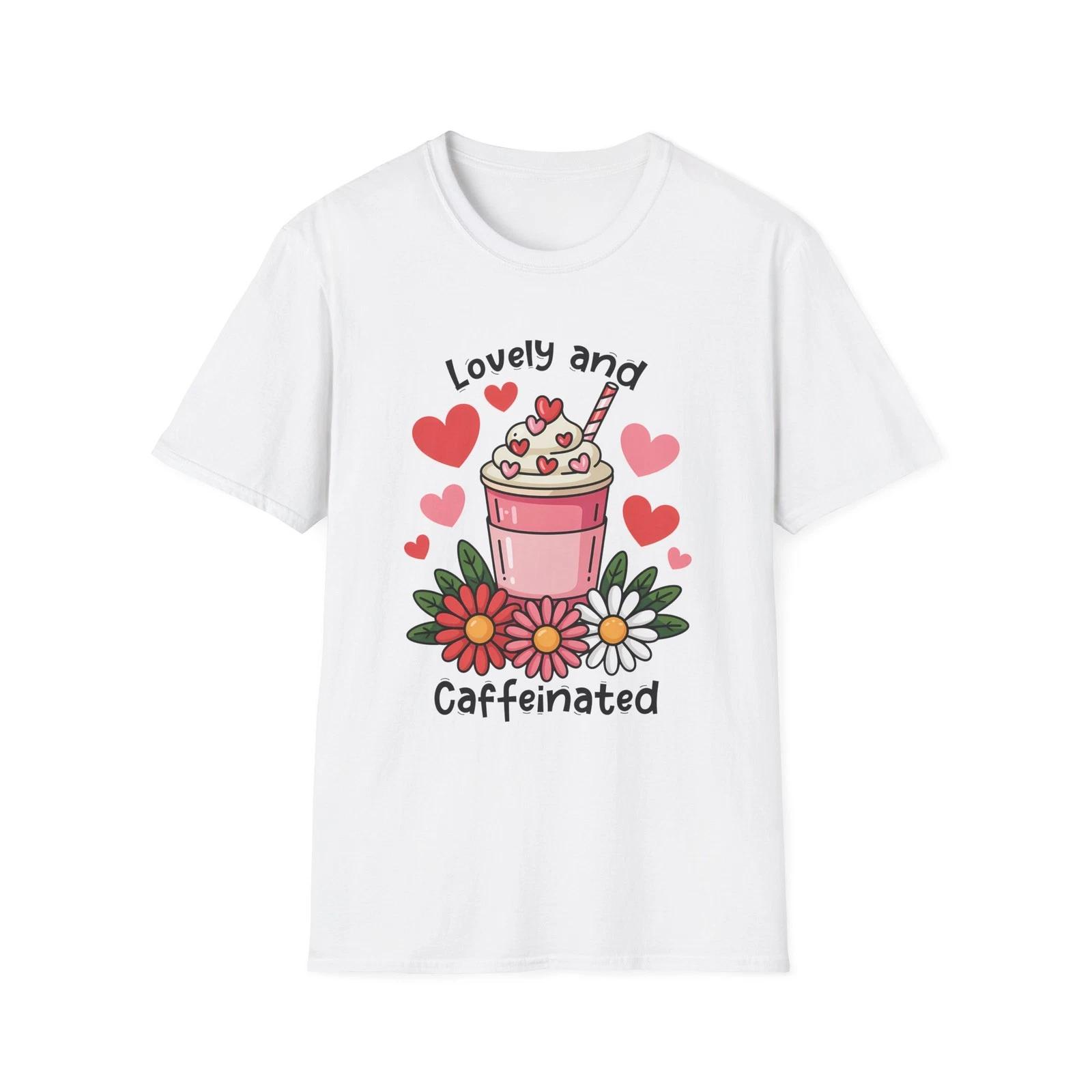 Lovely and Caffeinated coffee cup T shirt | hearts, flowers, kawaii L