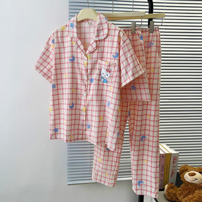 Women's Red Plaid Kitty Pajama Set - Short Sleeve & Shorts