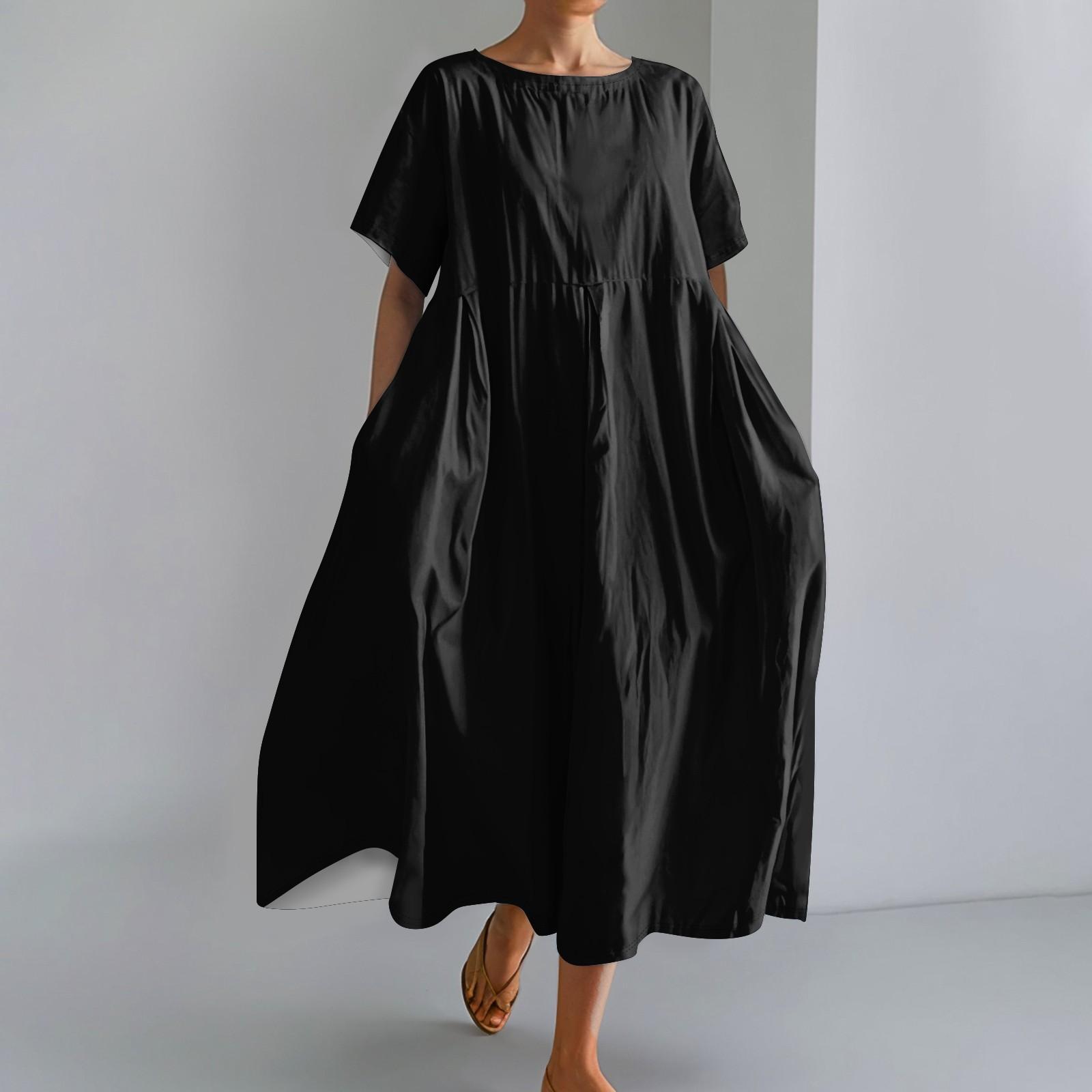 

Женское модное однотонное платье с круглым вырезом и короткими рукавами, свободное платье с карманами и подолом L чёрный