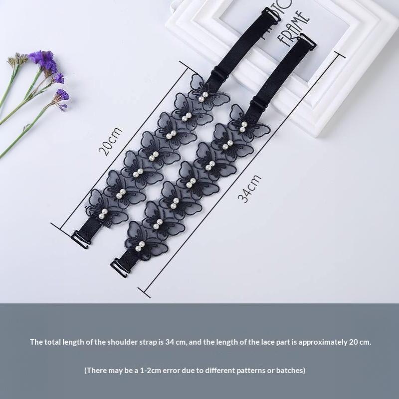 Lace Butterfly Bra Straps 1 Pair Faux Pearl Adjustable Buckle Non-slip for Backless Cocktail Dress Party