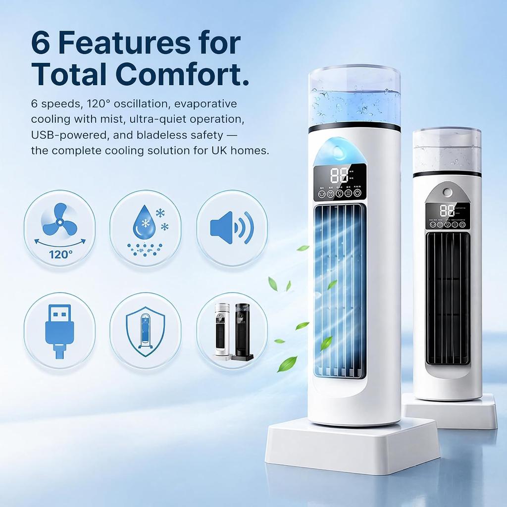 Bladeless Air Cooler: USB Powered Humidifying Mist Fan with Remote Control - 6 Velocity Settings Evaporative Cooling Fan 120° Oscillation for Bedroom