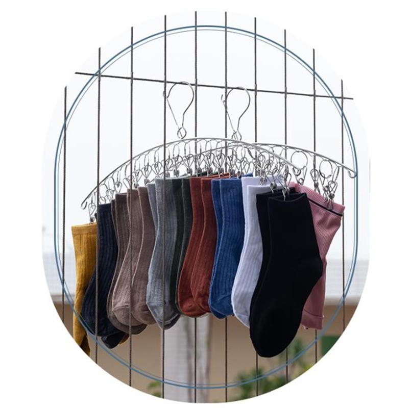 Stainless Steel Sock Rack With Windproof Curved 16-Clip Clothes Rack With 16 Clips Multi Functional Dual-Purpose Clothes Rack