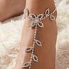 Adjustable Extended Chain Women Anklet Shining Rhinestone Leaves Foot Chain with Toe Ring Foot
