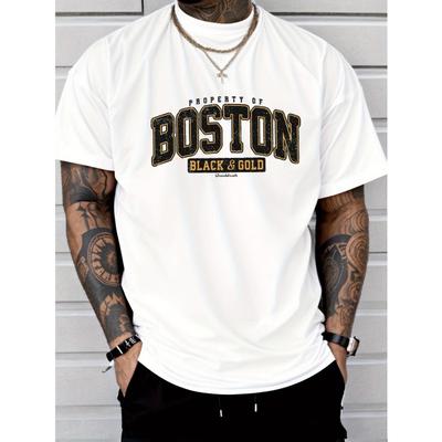 Men's Summer 100 Cotton Fashionable Casual Loose Plus Size Boston Letter Printed Sports Round Neck Short Sleeved T-shirt Top