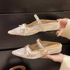 Semi-drag Mary Jane Shoes 2025 Summer Temperament French Fishing Net Inside Heightened Bow Rhinestone Women's Shoes