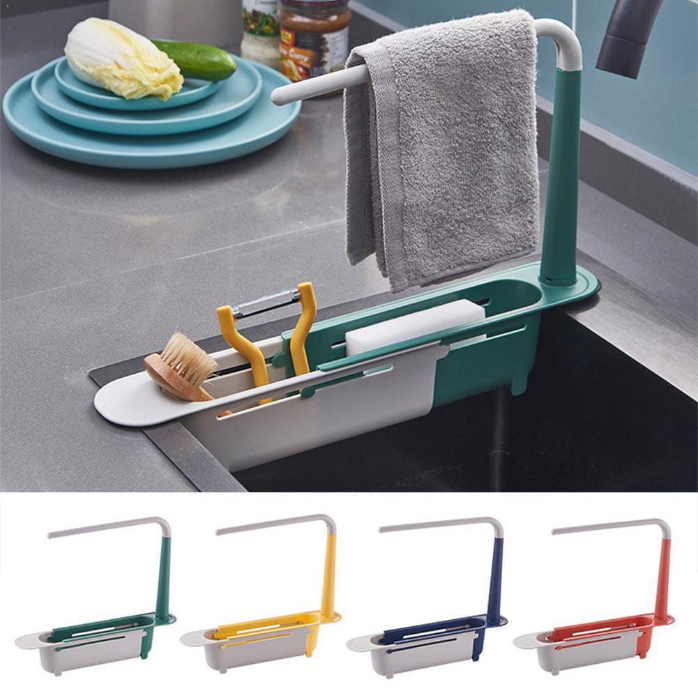 Multifunctional Telescopic Sink Caddy Drainable Kitchen Organizer with Towel Bar Expandable Sponge Soap Brush Holder