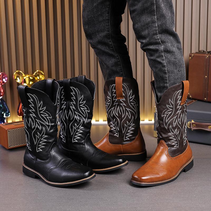 38-48 Winter Cowboy Boots Men's Black Brown High Top Waterproof and Durable Training Boots Business Chelsea Boots