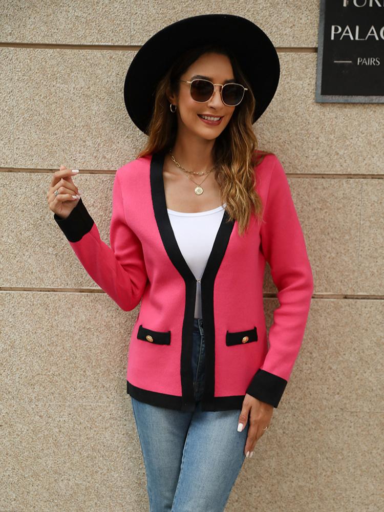 French high-end small fragrant style jacket autumn casual contrasting color V-neck knitted cardigan