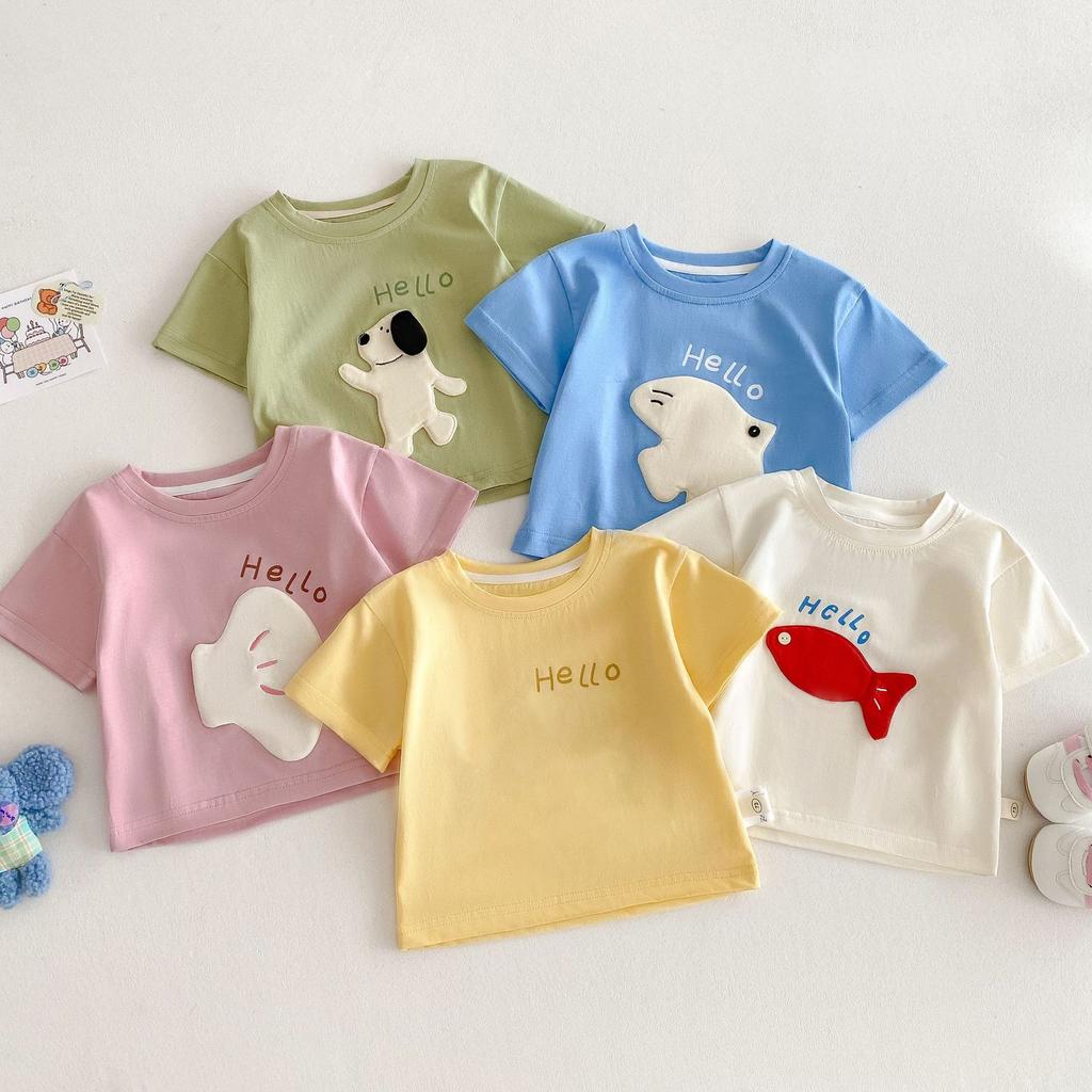 Kids Cartoon Patch T Shirt 3D Elephant Print Summer Short Sleeve Top Boys Girls Lightweight Base Shirt