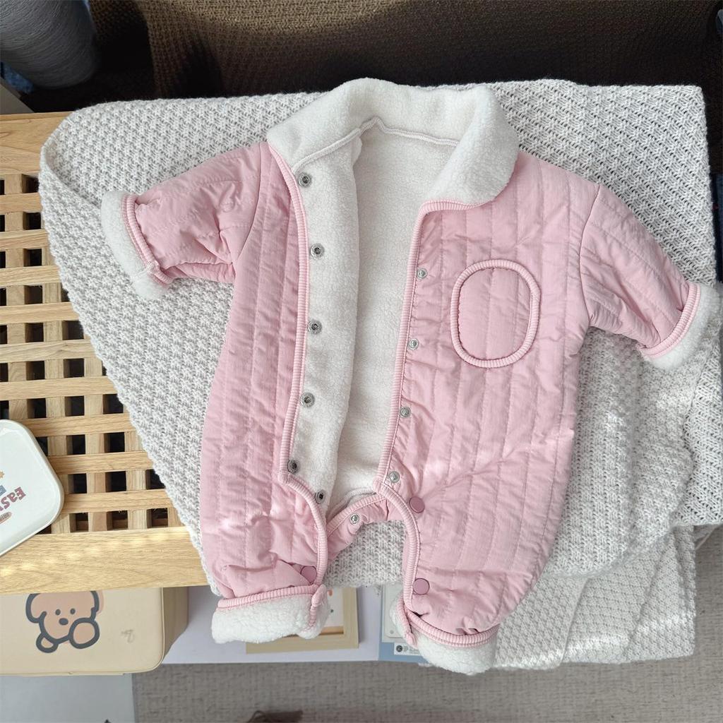 Coffee-Colored Fleece-Lined Baby Romper: Trendy Padded Cotton Jumpsuit for Boys/Girls
