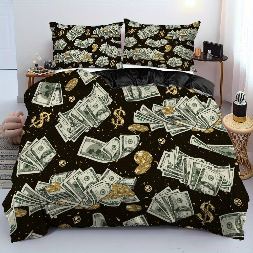 Dollar Printed Duvet Set, Dollar Bill Bedroom Bedding Quilt Set Three-Piece Set