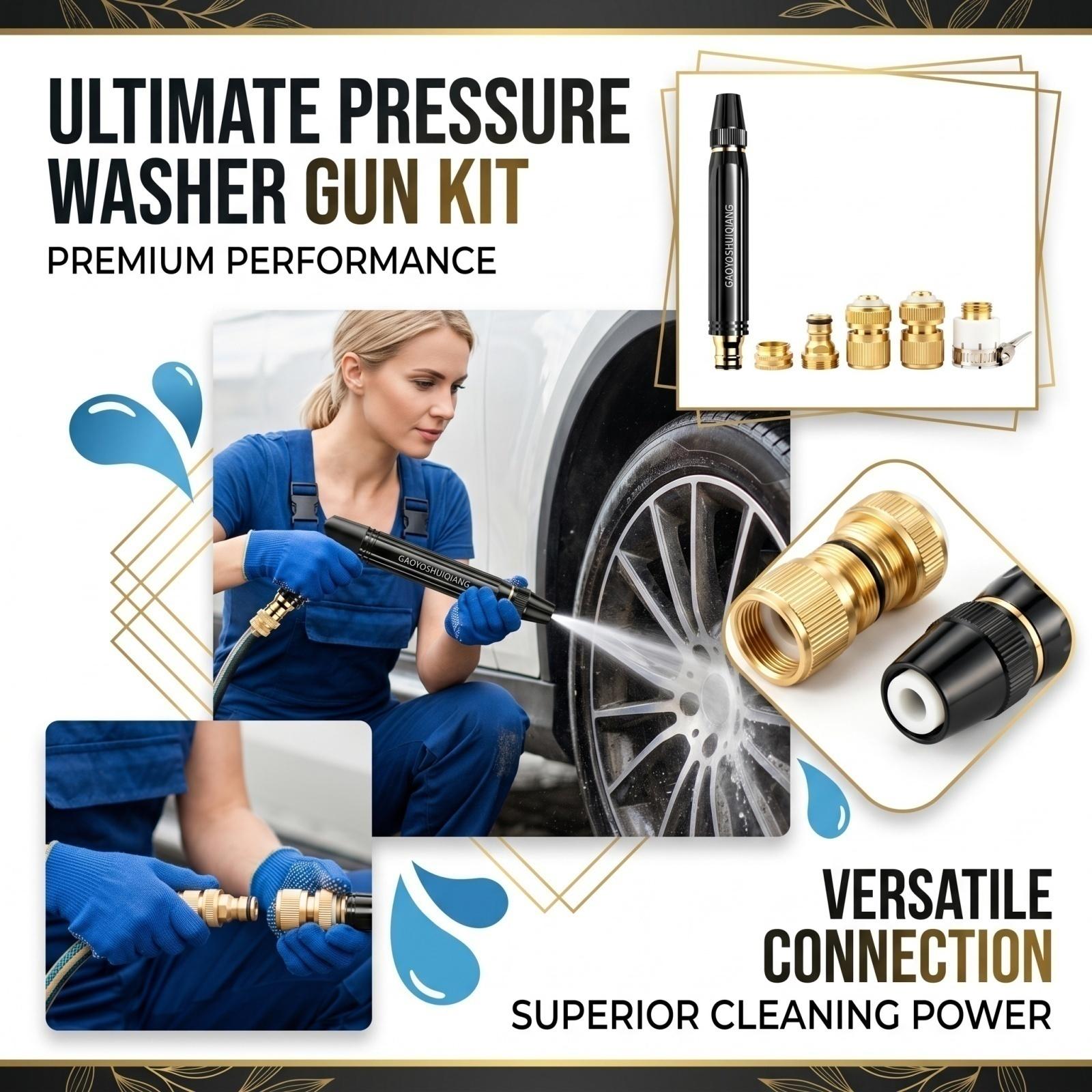 High Pressure Water Spray Gun with 5 Piece Accessory Kit for Car Washing Gardening and Outdoor Cleaning Adjustable Nozzle Hose Connector One Size чёрный