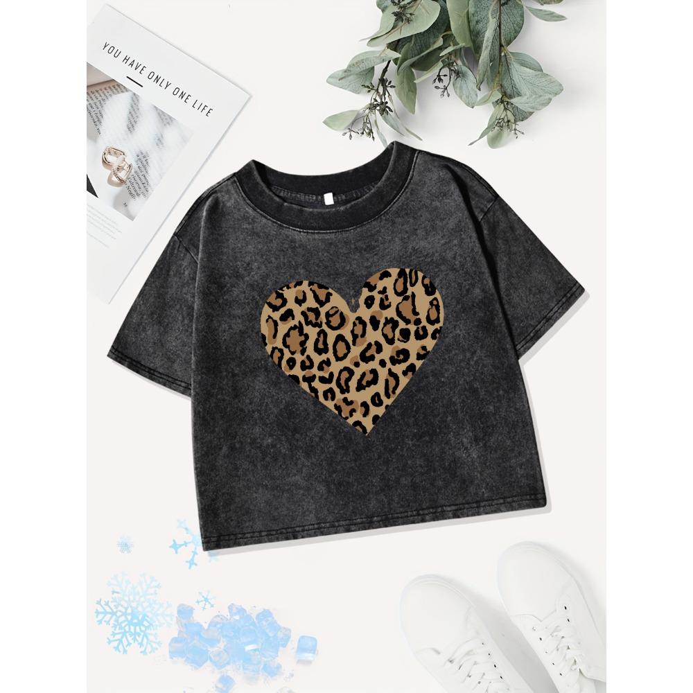 Sexy Cotton Crop Tops Women Simple Leopard Heart Printing Washed T-Shirt Summer Regular Fit O-Neck Streetwear Clothes