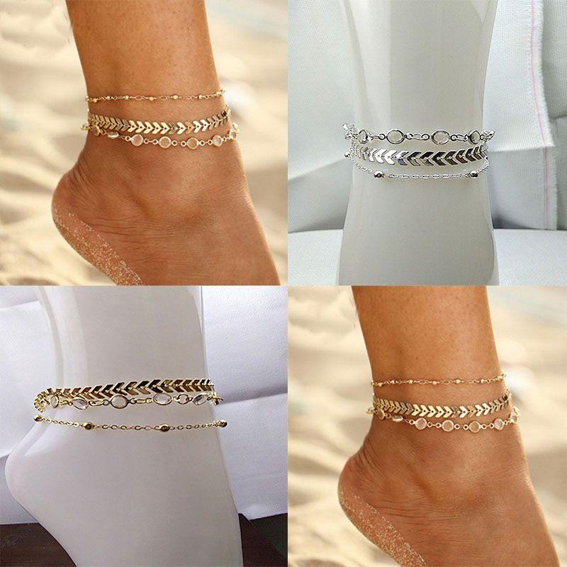 3pcsset Summer Beach Fashion Fishbone Chain Crystal Zircon Beads Chain Anklet