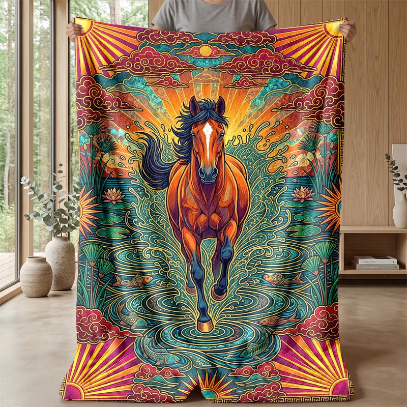 Elegant Horse In Water Theme Blanket Lightweight Warm Flannel Blanket Decorative Throw Blanket for Home Decoration