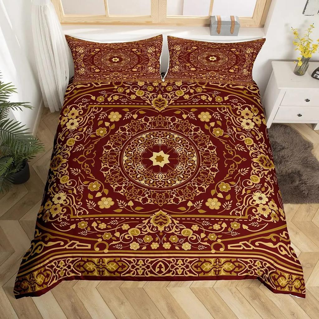 Tribal Floral Duvet Cover Set Bohemian Geometric Flowers Bedding Set Mysterious Indian Abstract Grid Quilt Cover Twin King Size