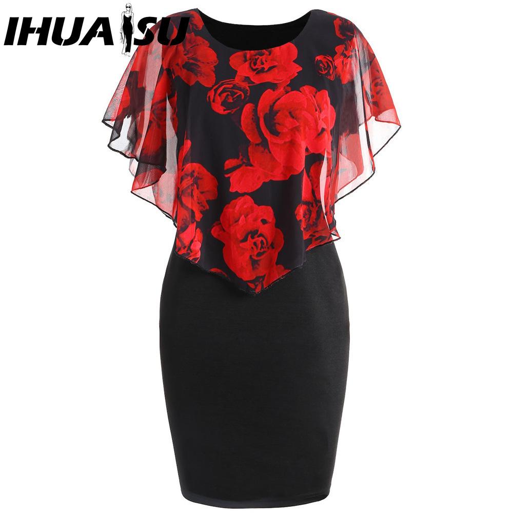 

ИГУАСУ Черное сексуальное платье с прозрачной шалью и нежным цветочным принтом S красный