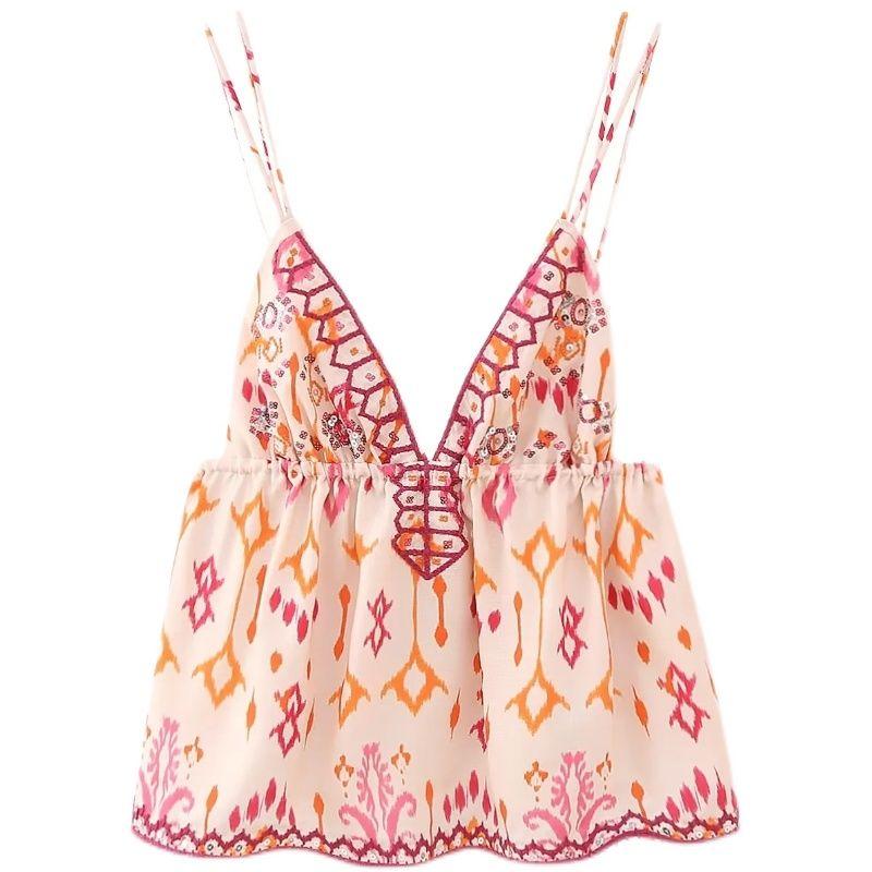 Jnleaog New Arrival Women's Clothing Sequin Embroidery Accessories Tops Retro Casual Vacation Sexy Backless Underwaist Sling