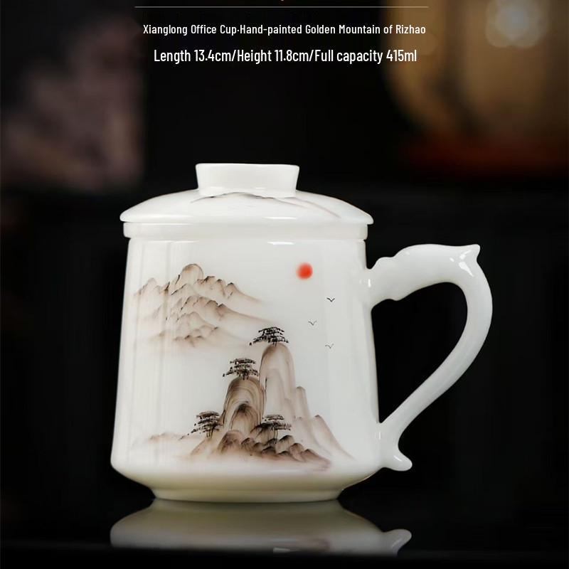 Large Hand-Painted Jade Porcelain Cup with Lid and Handle for Tea Brewing