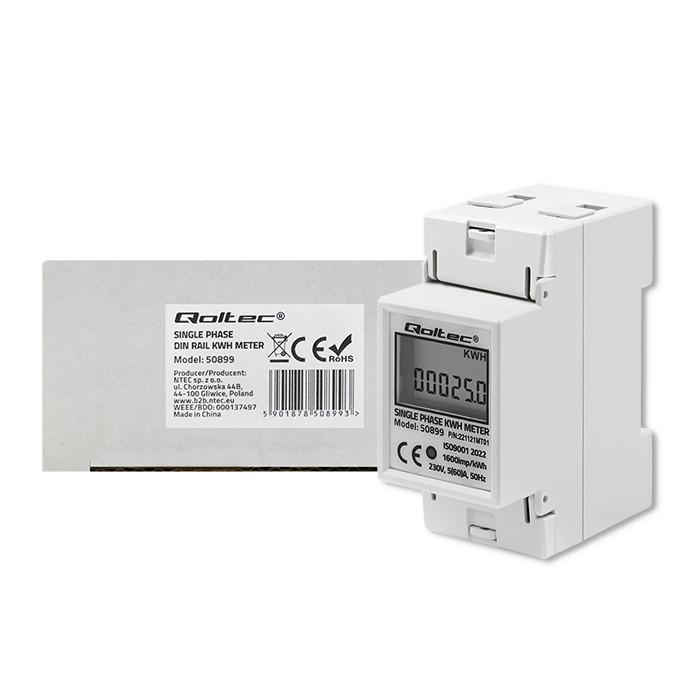 Qoltec Single-phase Electronic Meter | Energy Consumption Meter for DIN Rail | 230V | 60A | LCD | 2P