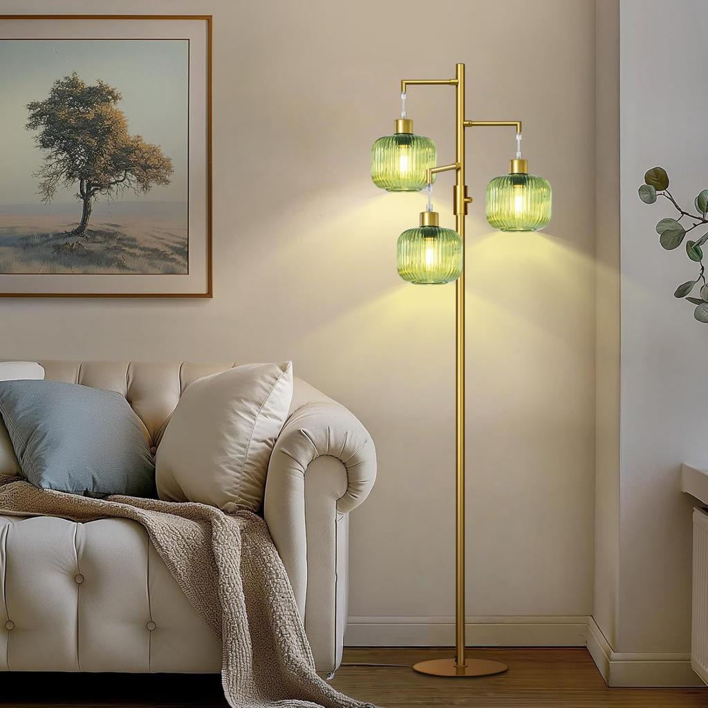 Floor Lamp for Living Room, Dimmable Gold Standing Lamp with Green Glass, 3×600LM LED Included
