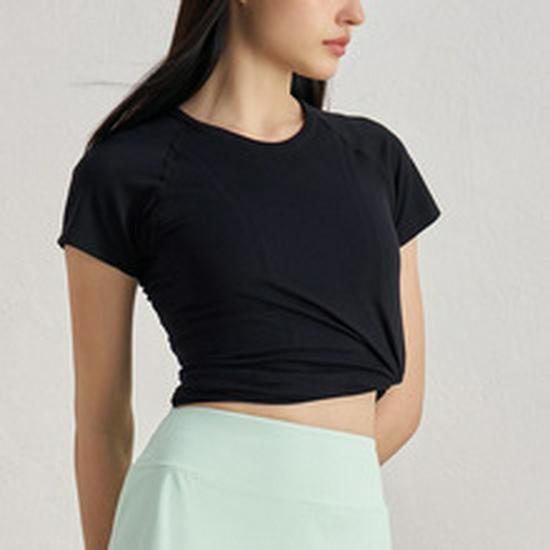 Women's Bare-Feel Yoga Top: Round Neck, Short Sleeve, Stretchy, Breathable, Seamless, Slim Fit for Pilates and Running.