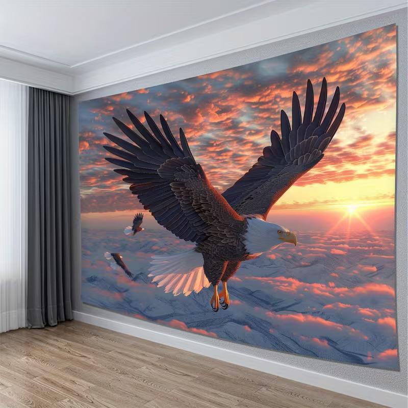 2D Majestic Bald Eagle Tapestry, Sunrise Sky & Mountains Wall Art for Home Decor