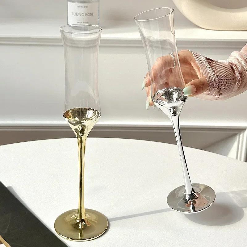 French Elegant Waisted Champagne Flutes - Stemmed Crystal Glass Wine Cups, Gold-Plated Rim Bubble Design for Wedding/Party Gift