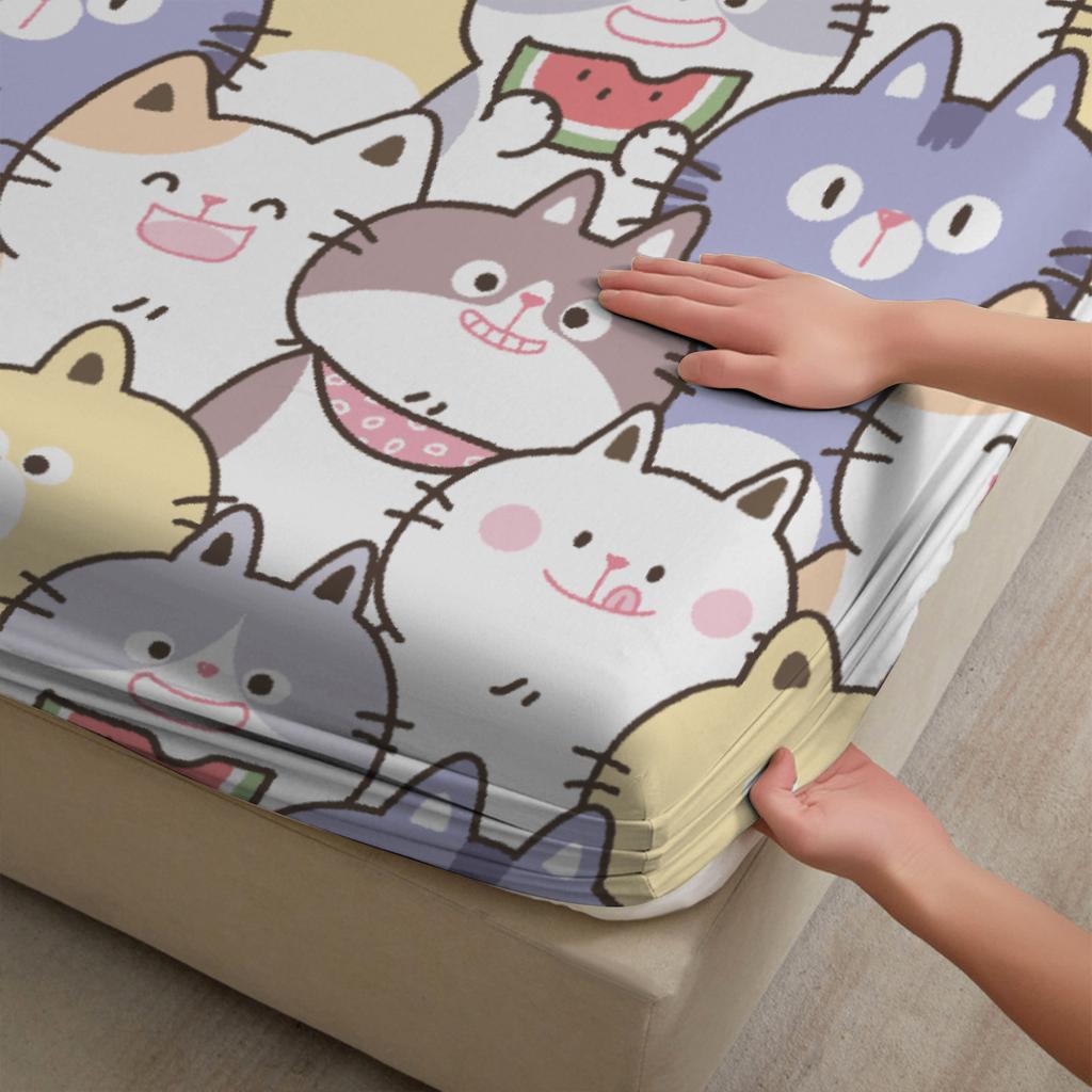 3pcs Fitted Sheet Set Cute Cat Faces Pattern Print Wrinkle Resistant Bed Sheet With Pillowcases For Bedroom Decor