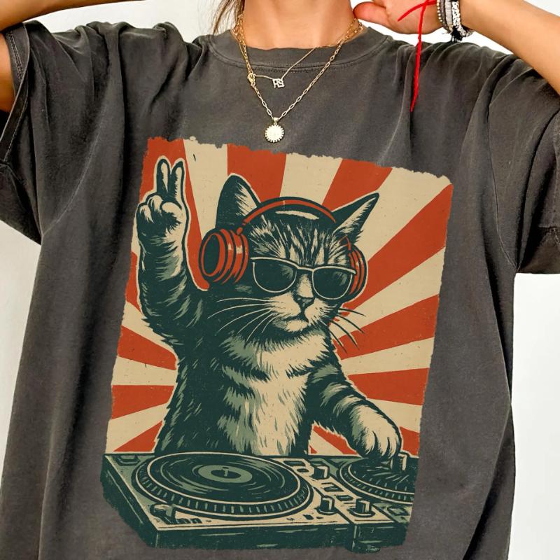 Coole DJ-Katze Bequemes Farbiges Shirt Lustige Katze Mit Kopfhörern Modischer Katzenliebhaber Geschenk Einzigartiges DJ-Katzen-Kätzchen T-Shirt