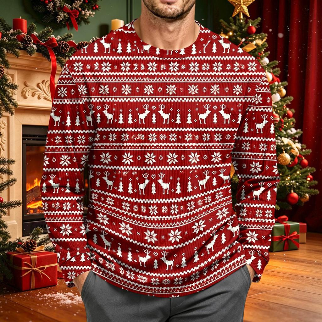 Men's Corduroy Long Sleeve Crewneck Top with Christmas Print for Holiday Casual Wear