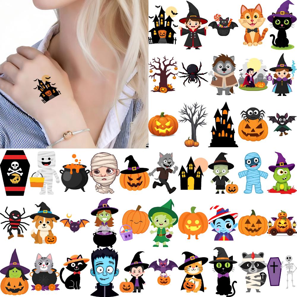 54pcs Temporary Tattoo Pumpkin Ghosts Temporary Tattoo Stickers Halloween Characters Waterproof Long-lasting Body Stickers For