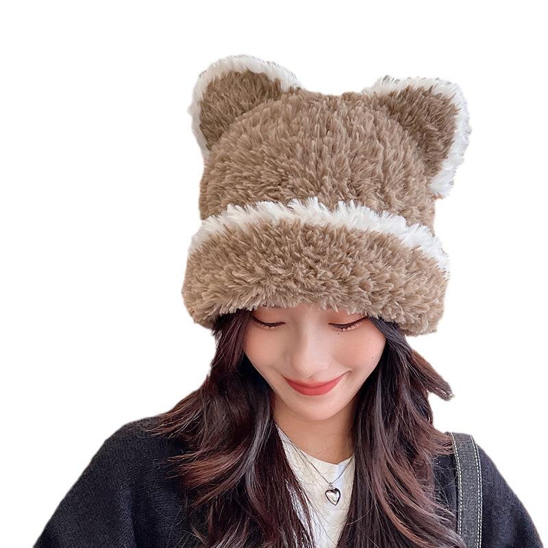 Plush and Cute Bear Ears Hat for Women In Autumn and Winter Japanese Style Sweet Striped Contrasting Color Warm Knitted Beanie