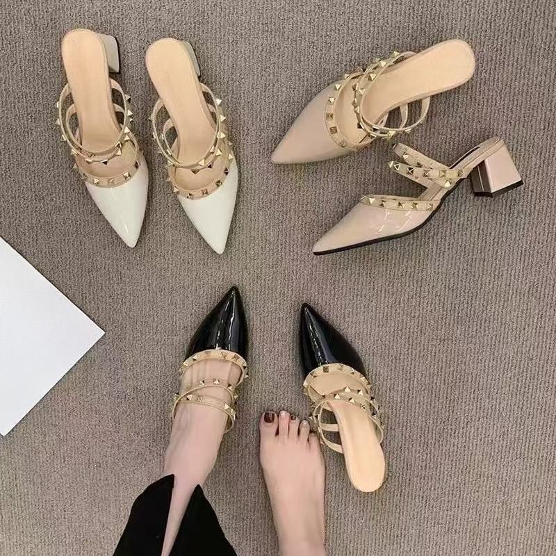 Fashion Baotou High-heeled Shoes Women's Fashion Pointed Toe Shallow Rivet Non-slip Square Heel Sandals and Slippers