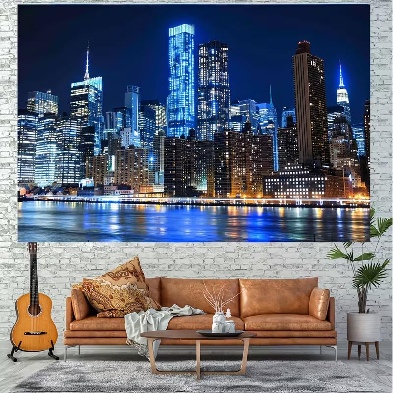 New York Manhattan Night Skyline Tapestry, Aesthetic Wall Hanging for Bedroom & Dorm