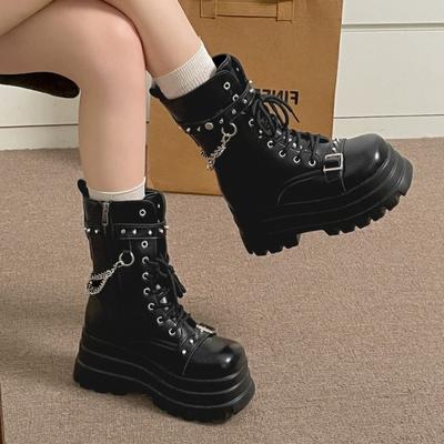 Fashion Platform Thick Gothic Boots Women Buckle Autumn Shoes Wedges Mid-calf Boots Punk StyleStreet Cosplay Chain Motorcycle Botines