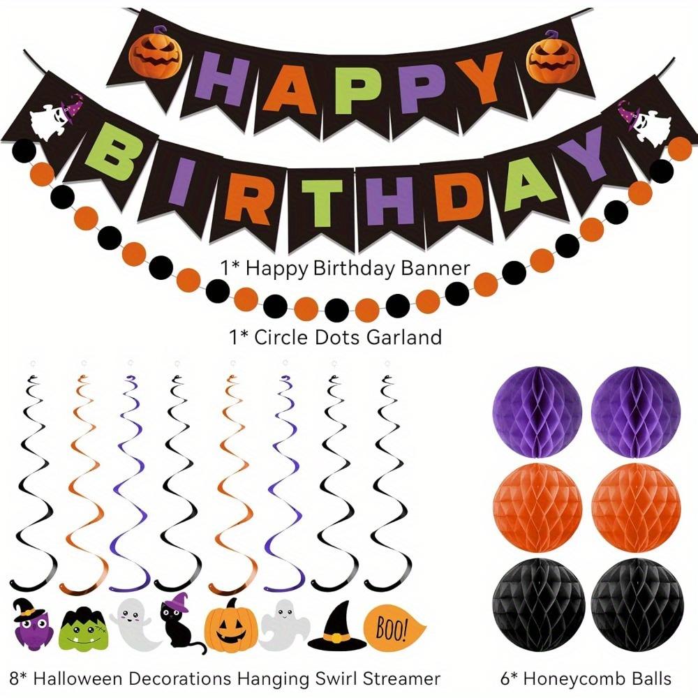 5sets Halloween Birthday Decorations Happy Birthday Banner with Honeycomb Ball Hanging Swirl Streamer Garland Decorations Birthday Party Decoration