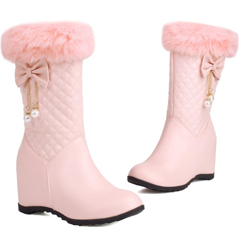 Warme Pelz Damen Hohe Schneestiefel 2024 Plüsch Winterschuhe Wasserdicht Mode Höhenvergrößernde Keil Kniehohe Stiefel Große Größe