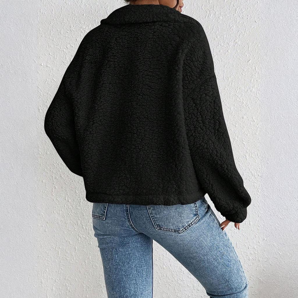 Women's Fashionable Solid Color Long Sleeved Lapel Pocket Plush Short Casual Jacket Jacket