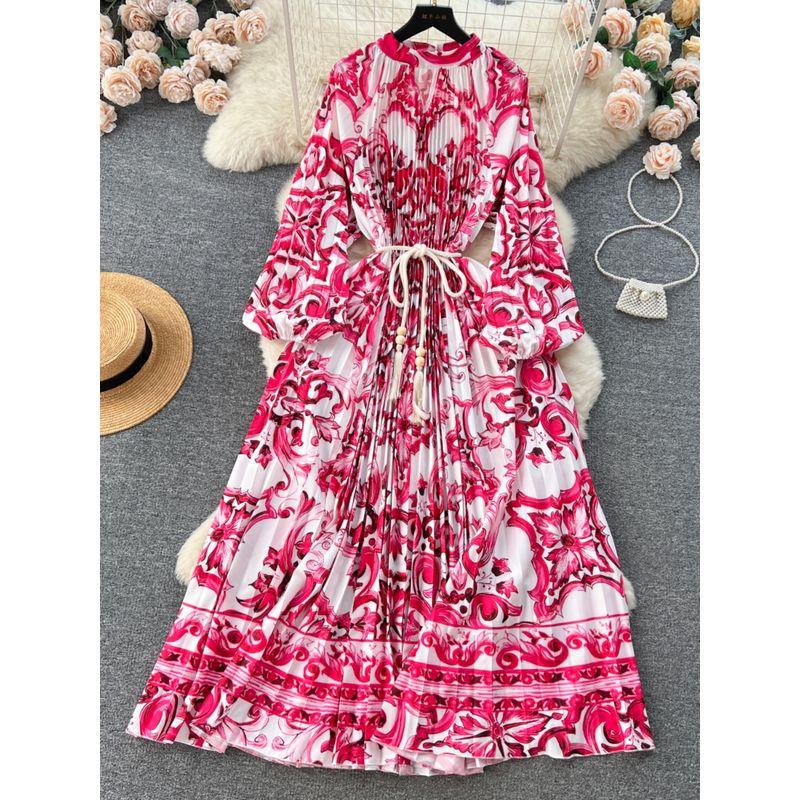 Palace Style Round Neck Print Lantern Sleeve Loose Dress
