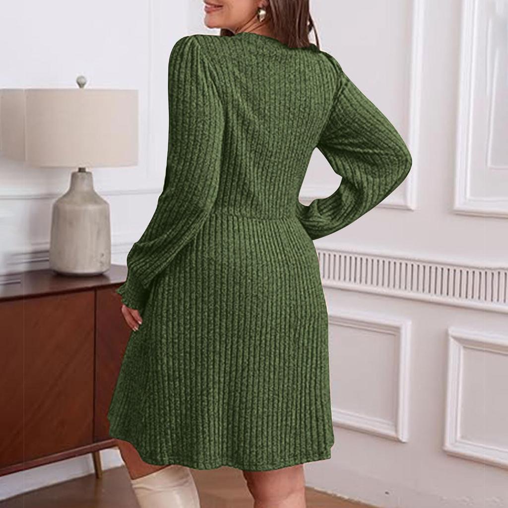 Vestido de Moda para Mujer de Corte Holgado, Manga Larga, Cuello Redondo, Parcheado y Color Sólido